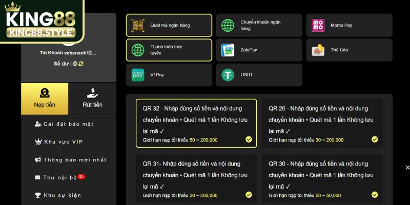 Lưu ý khi nạp tiền King88