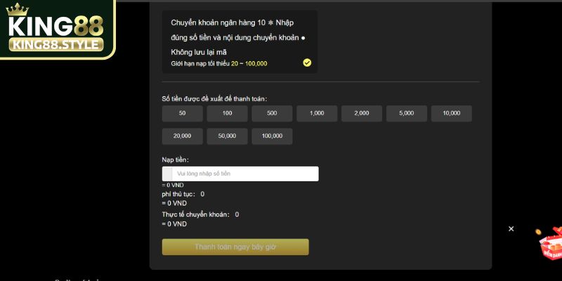 Nạp tiền King88 qua ngân hàng