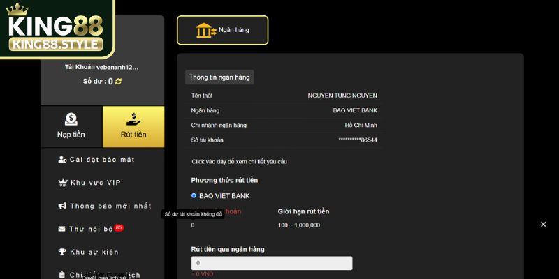 Rút tiền King88 qua ngân hàng